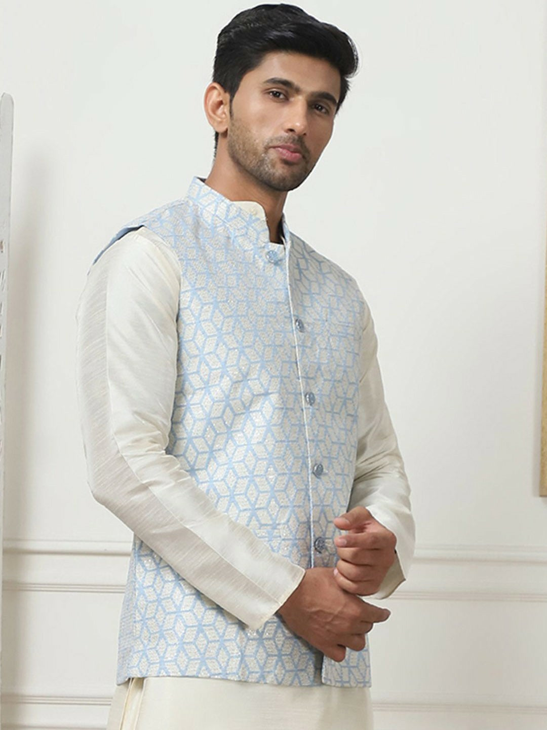 Men's Blue Printed Woven Nehru Jacket