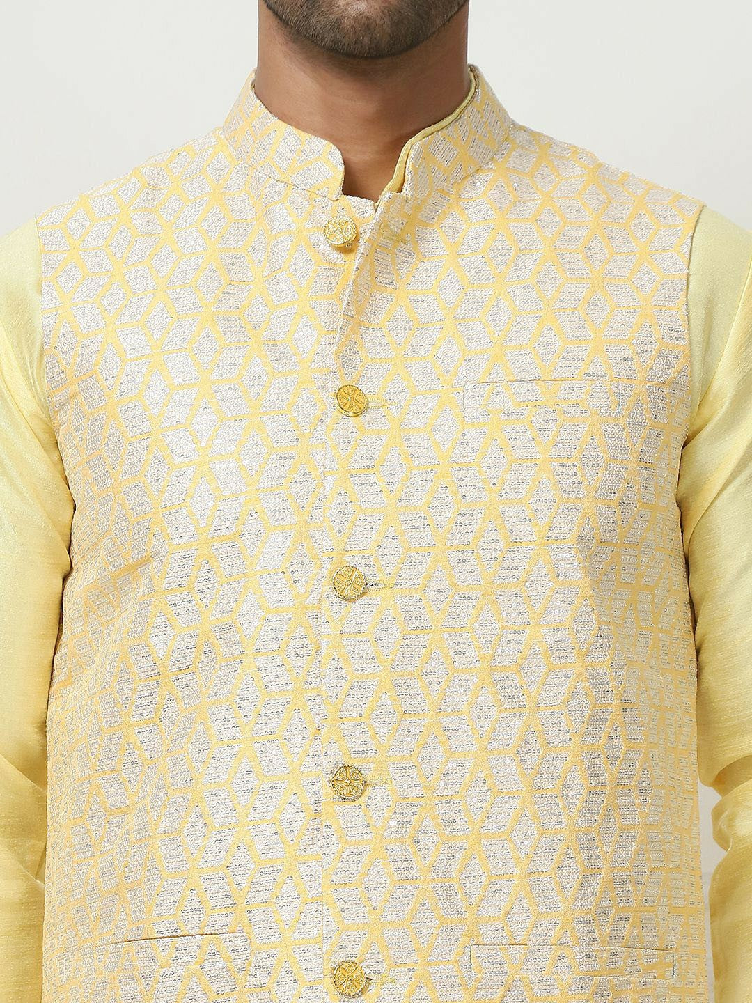 Men's Yellow Woven Nehru Jacket with Mandarin Collar & 3 Pockets