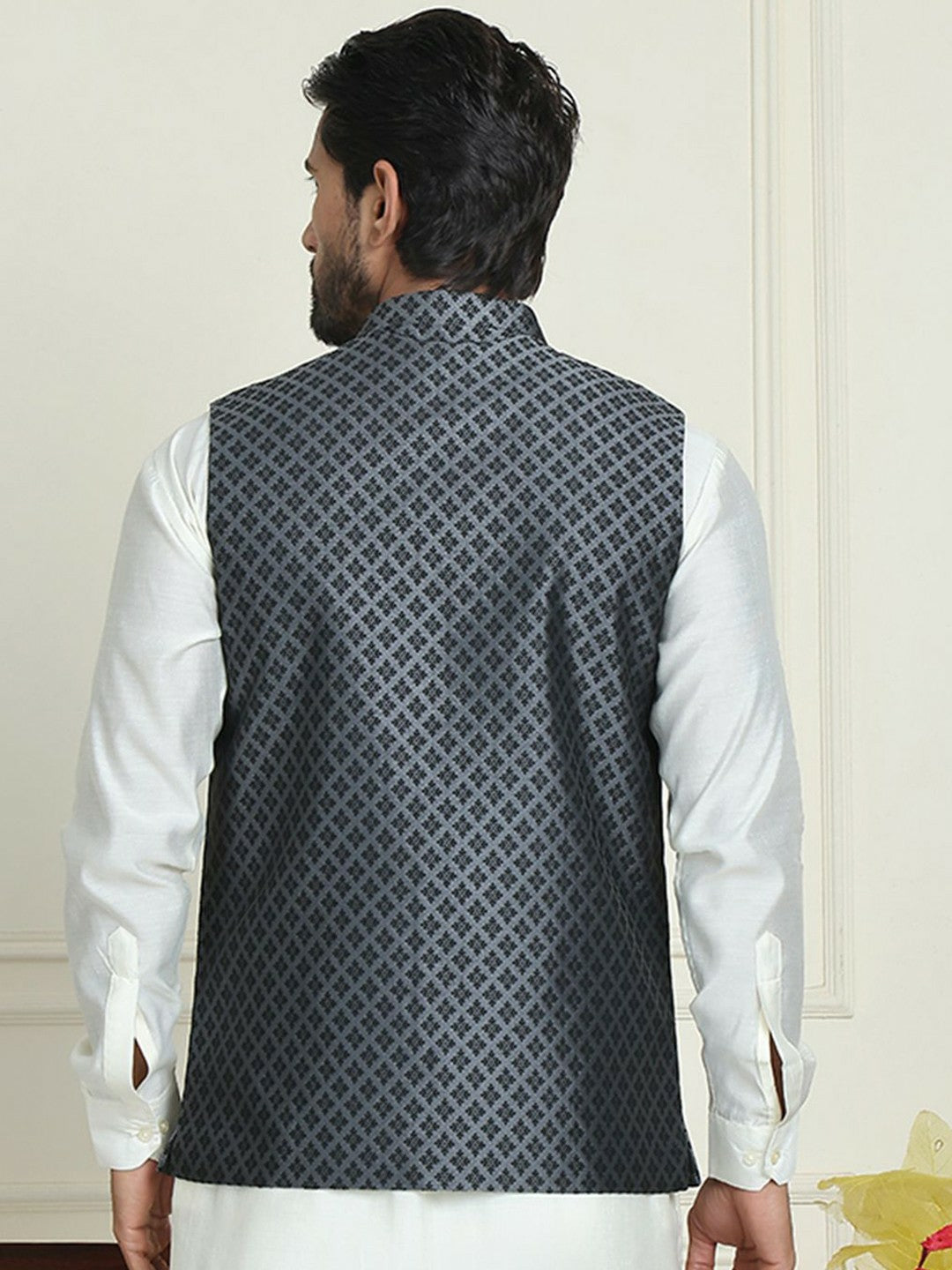 Men's Silver & Black Woven Nehru Jacket with Mandarin Collar