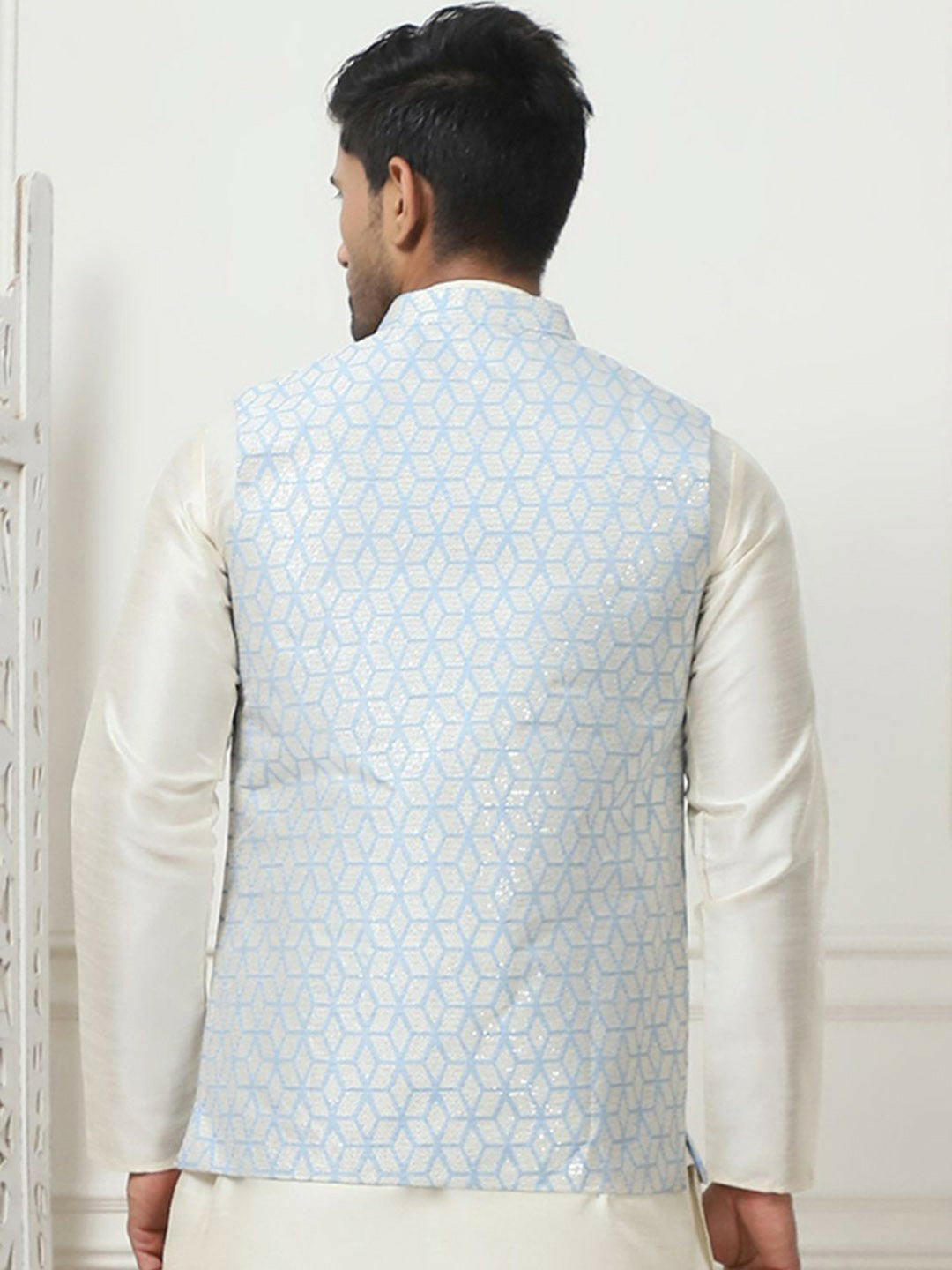 Men's Blue Printed Woven Nehru Jacket