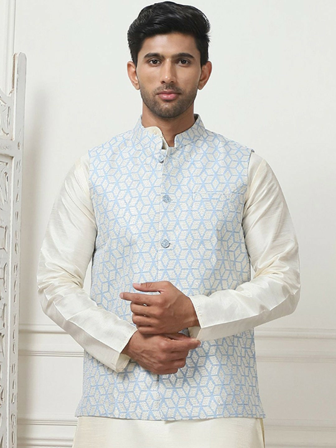 Men's Blue Printed Woven Nehru Jacket
