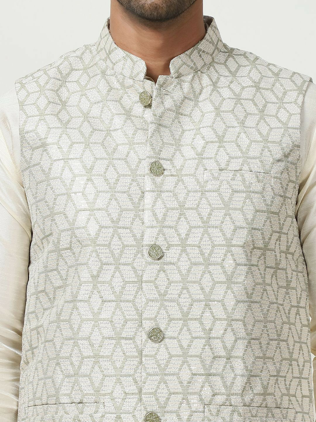 Men's Off-White Printed Woven Nehru Jacket
