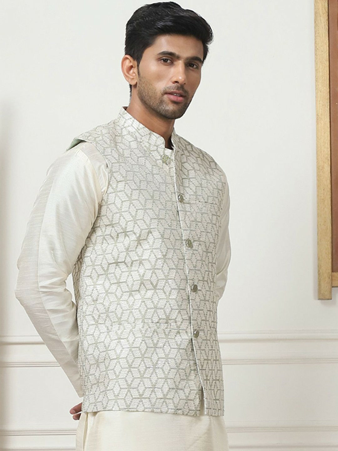 Men's Off-White Printed Woven Nehru Jacket