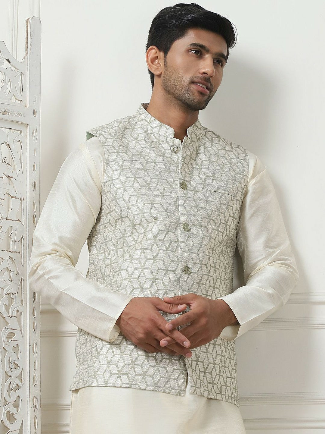 Men's Off-White Printed Woven Nehru Jacket