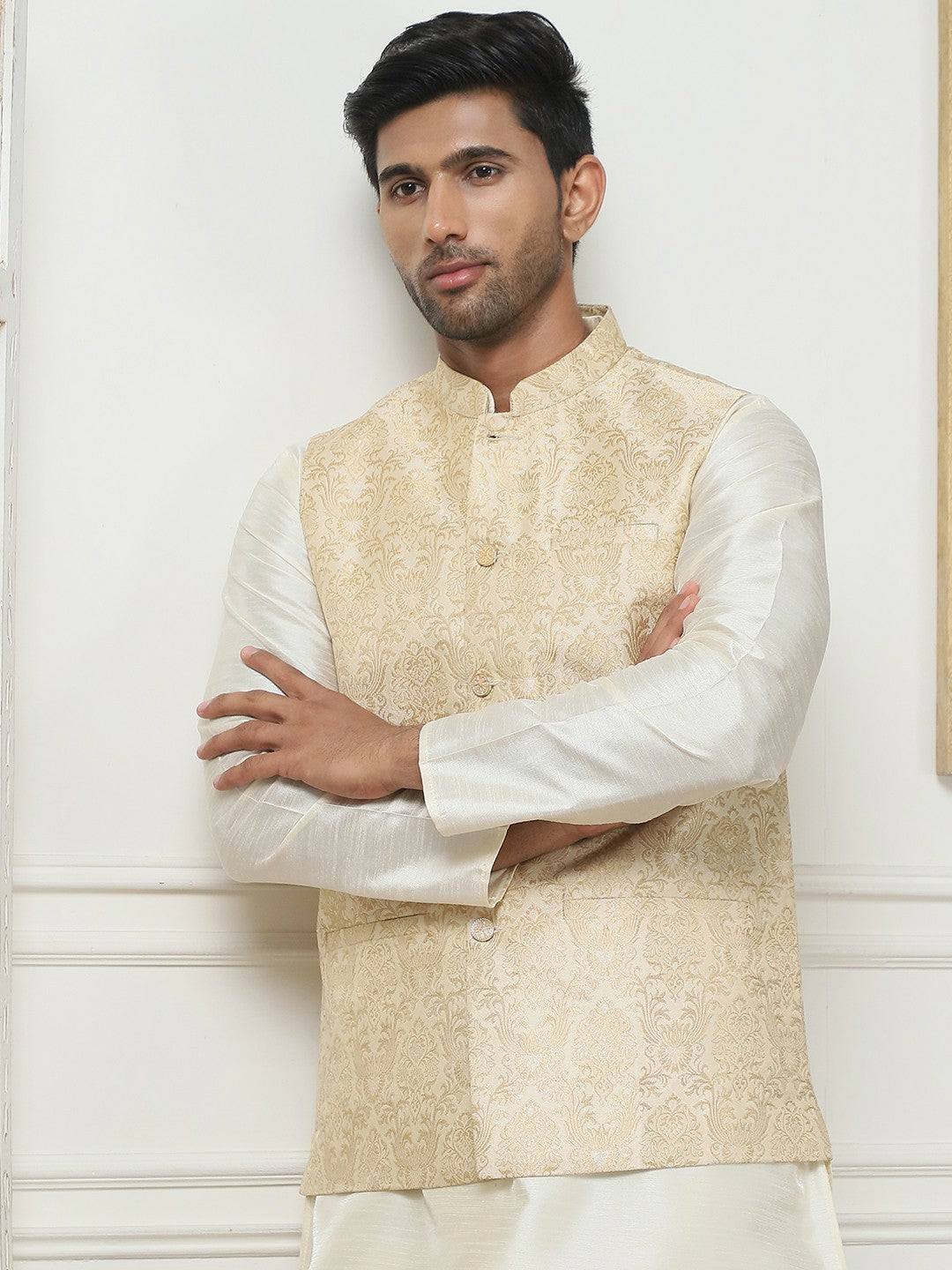 Men's Cream Woven Design Nehru Jacket
