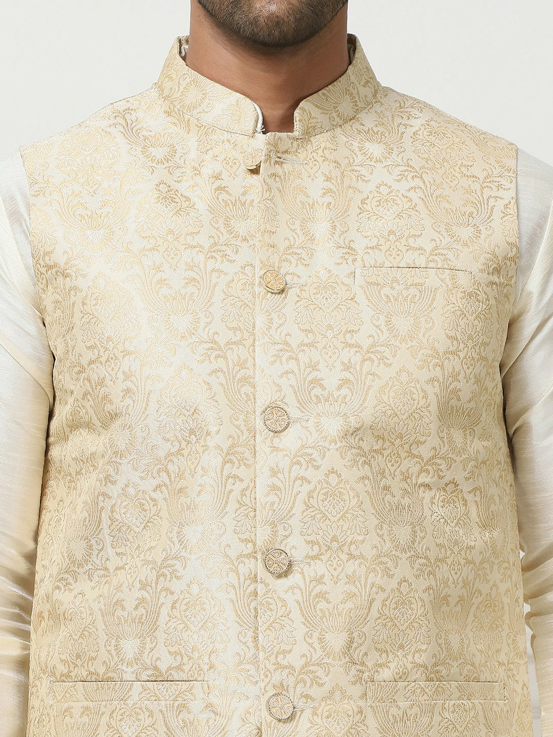 Men's Cream Woven Design Nehru Jacket