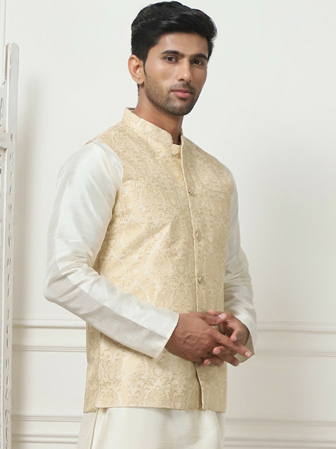 Men's Cream Woven Design Nehru Jacket