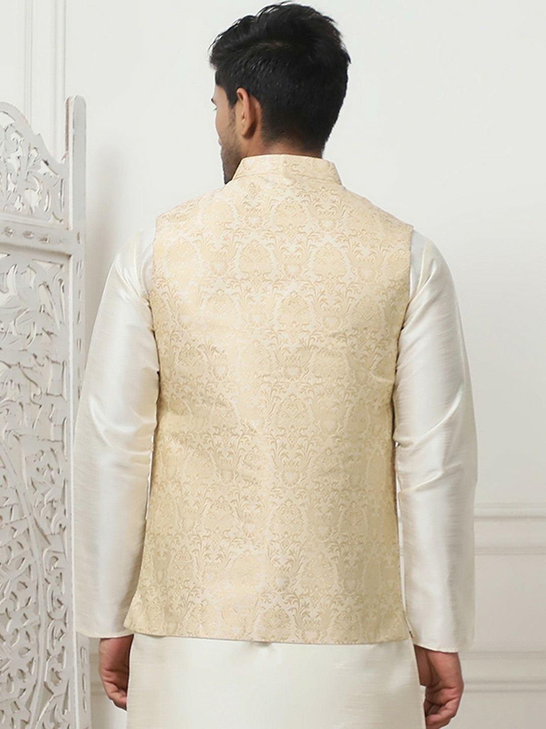 Men's Cream Woven Design Nehru Jacket