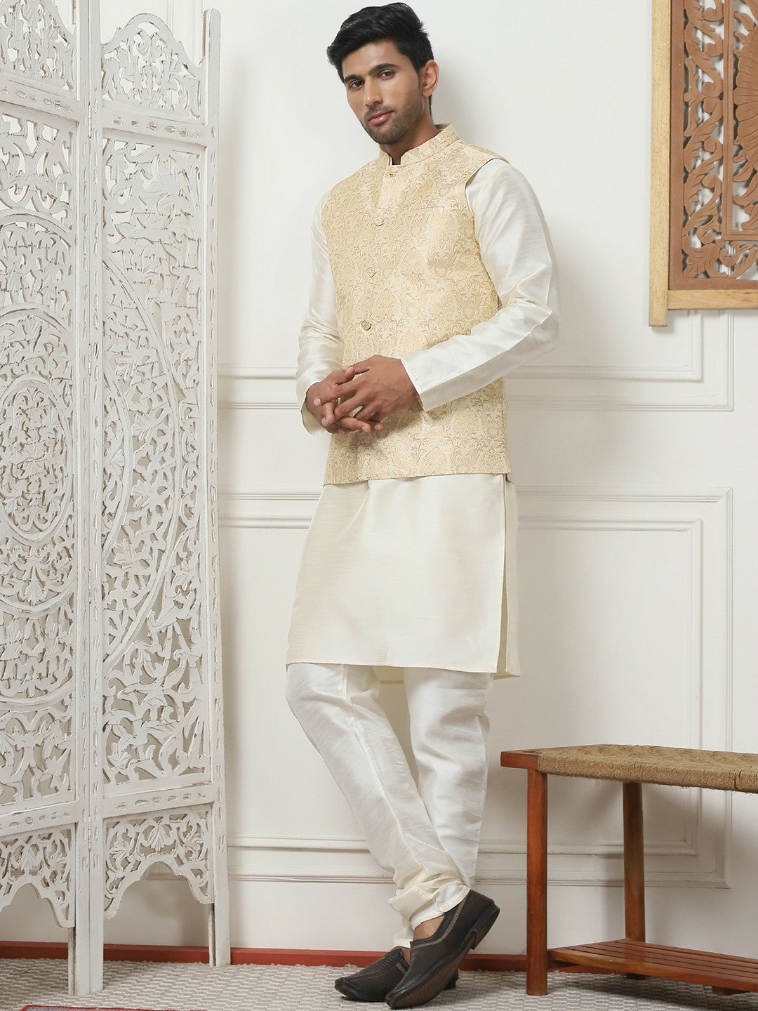 Men's Cream Woven Design Nehru Jacket