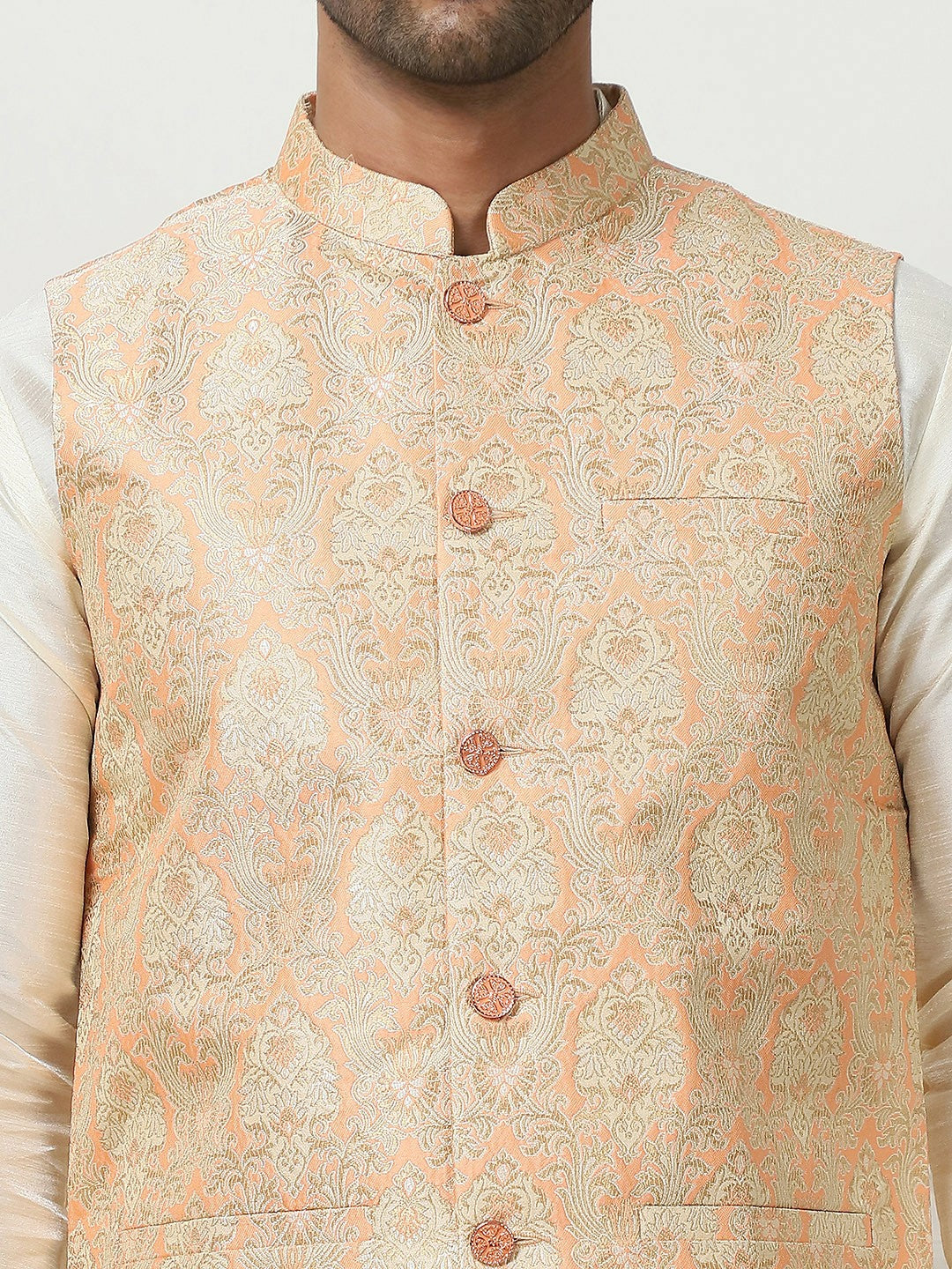 Men's Peach Woven Design Nehru Jacket