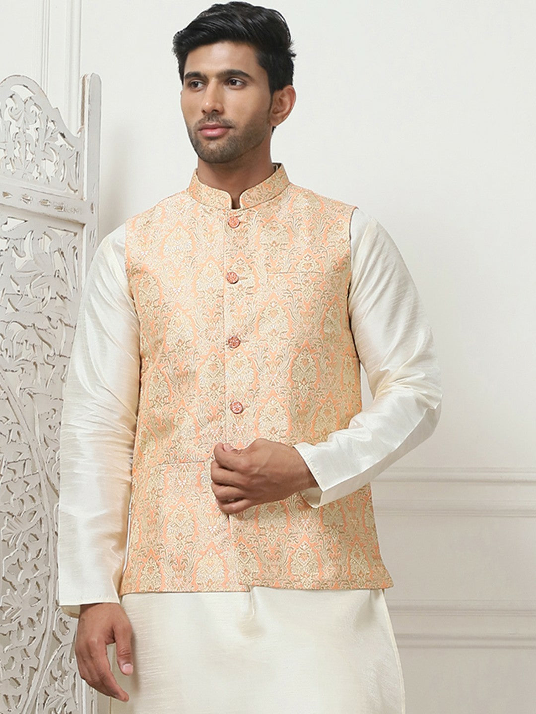 Men's Peach Woven Design Nehru Jacket
