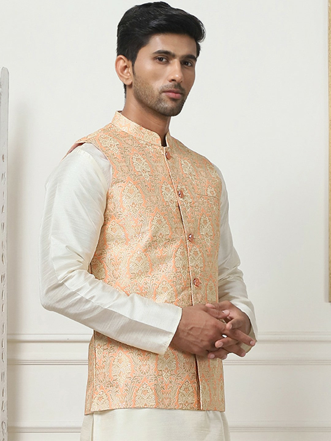 Men's Peach Woven Design Nehru Jacket