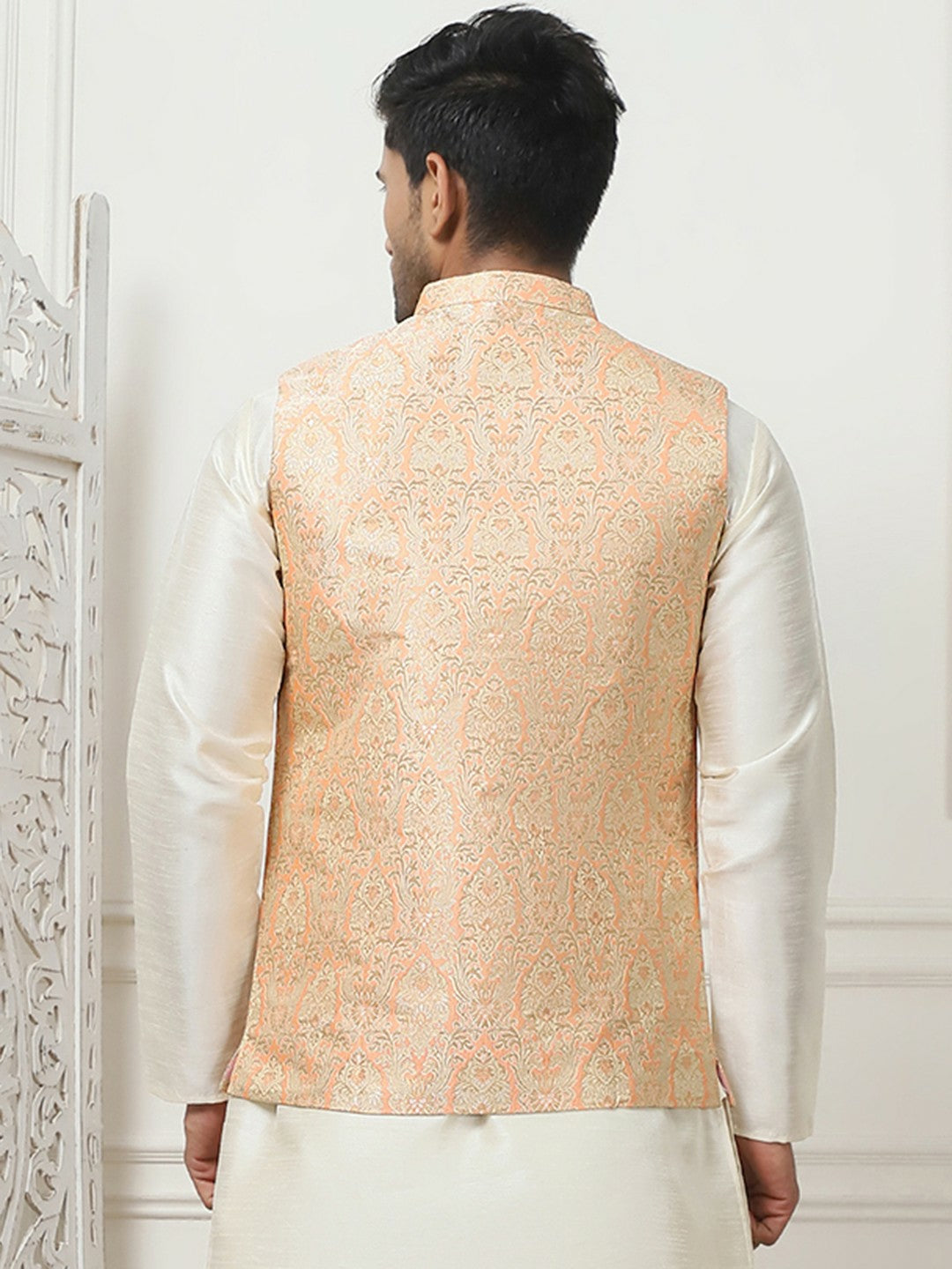 Men's Peach Woven Design Nehru Jacket