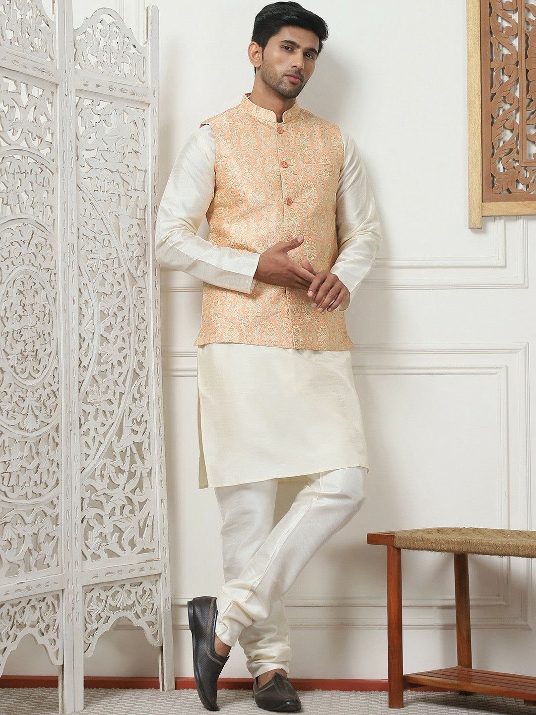 Men's Peach Woven Design Nehru Jacket