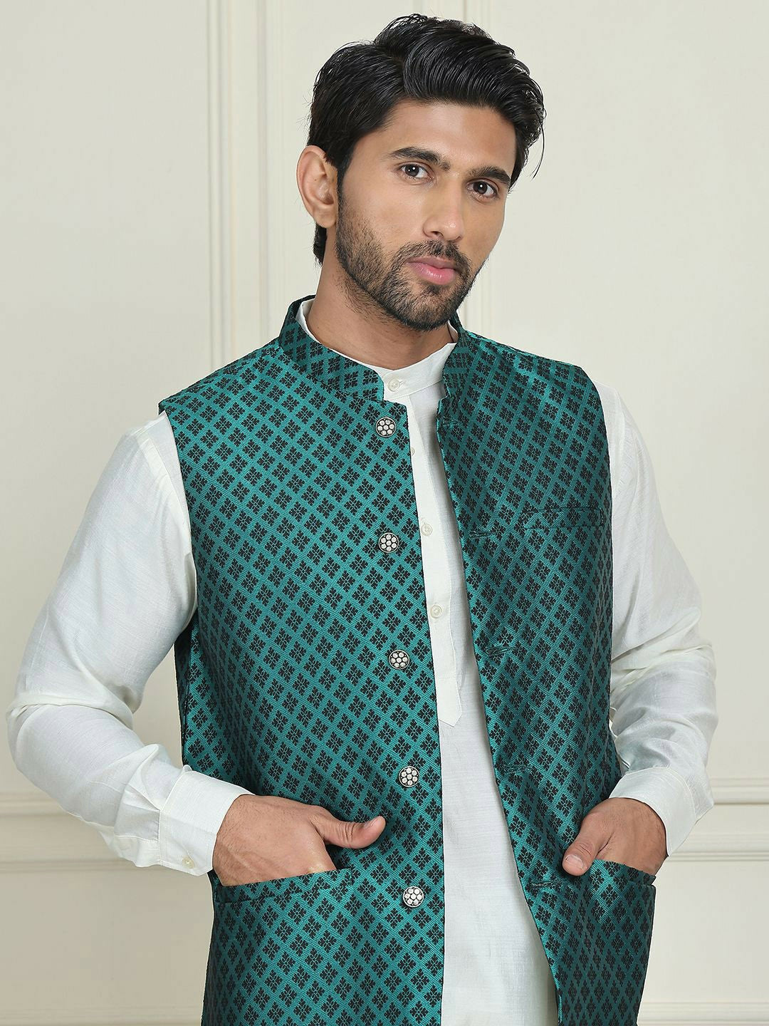 Men's Teal Green & Black Woven Nehru Jacket with Mandarin Collar