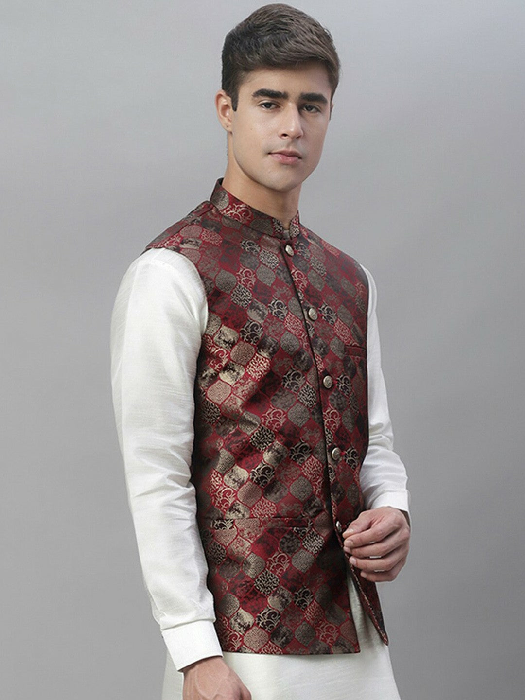 Men's Maroon Woven Design Nehru Jacket