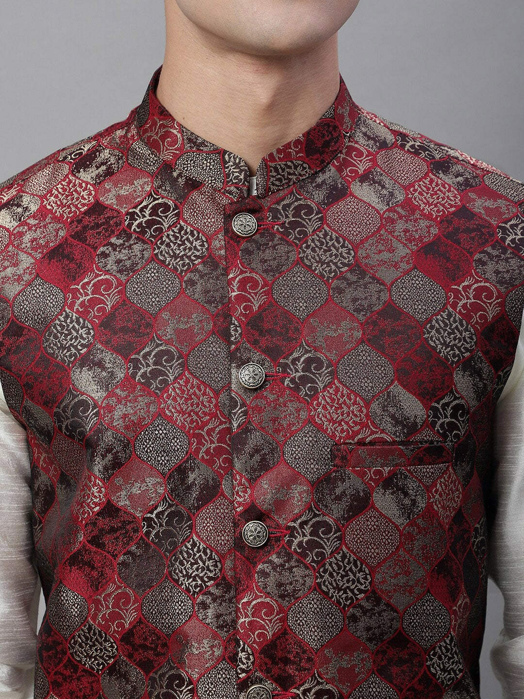 Men's Maroon Woven Design Nehru Jacket
