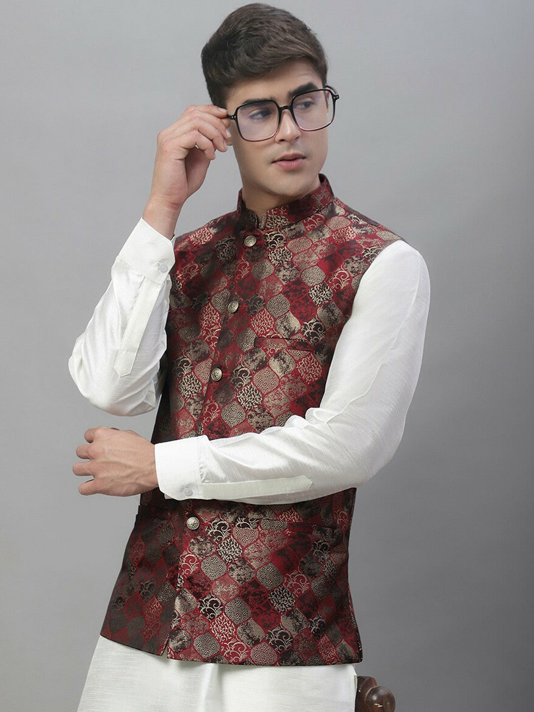 Men's Maroon Woven Design Nehru Jacket