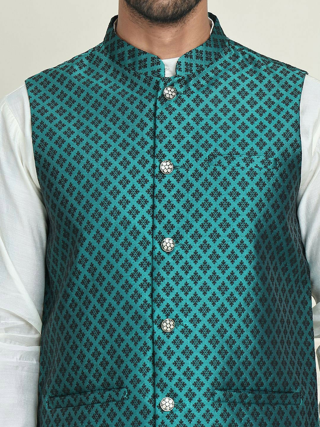 Men's Teal Green & Black Woven Nehru Jacket with Mandarin Collar