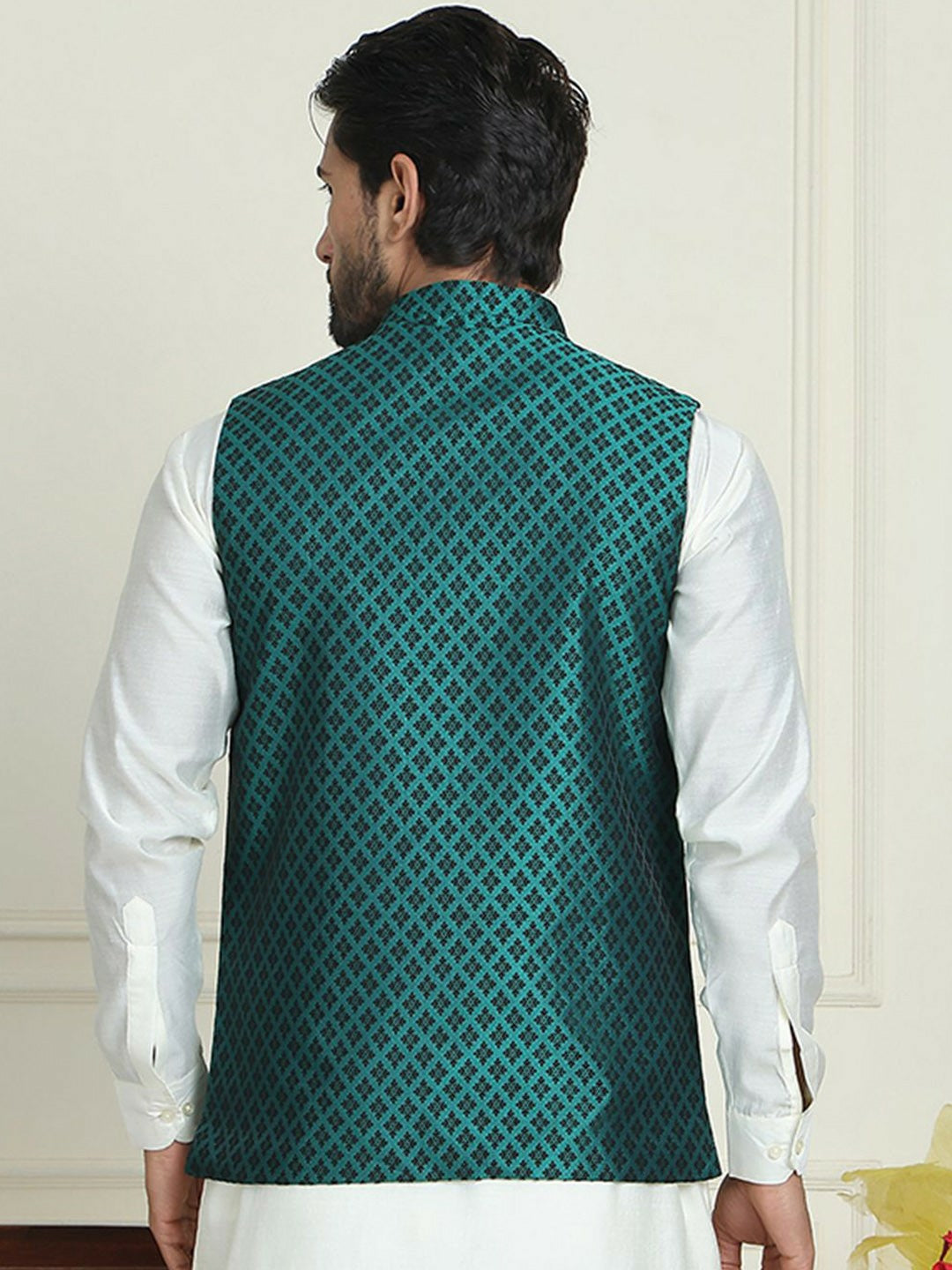 Men's Teal Green & Black Woven Nehru Jacket with Mandarin Collar