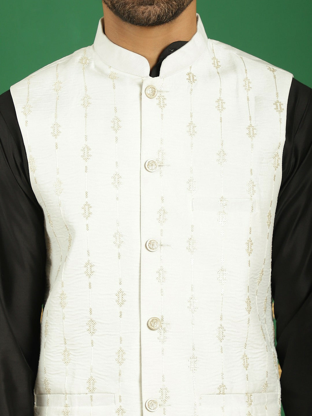 Men's White Embroidered Nehru Jacket