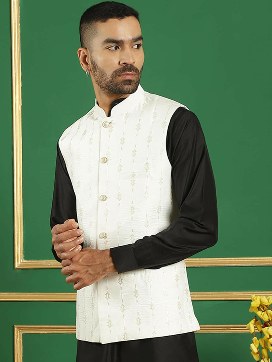 Men's White Embroidered Nehru Jacket