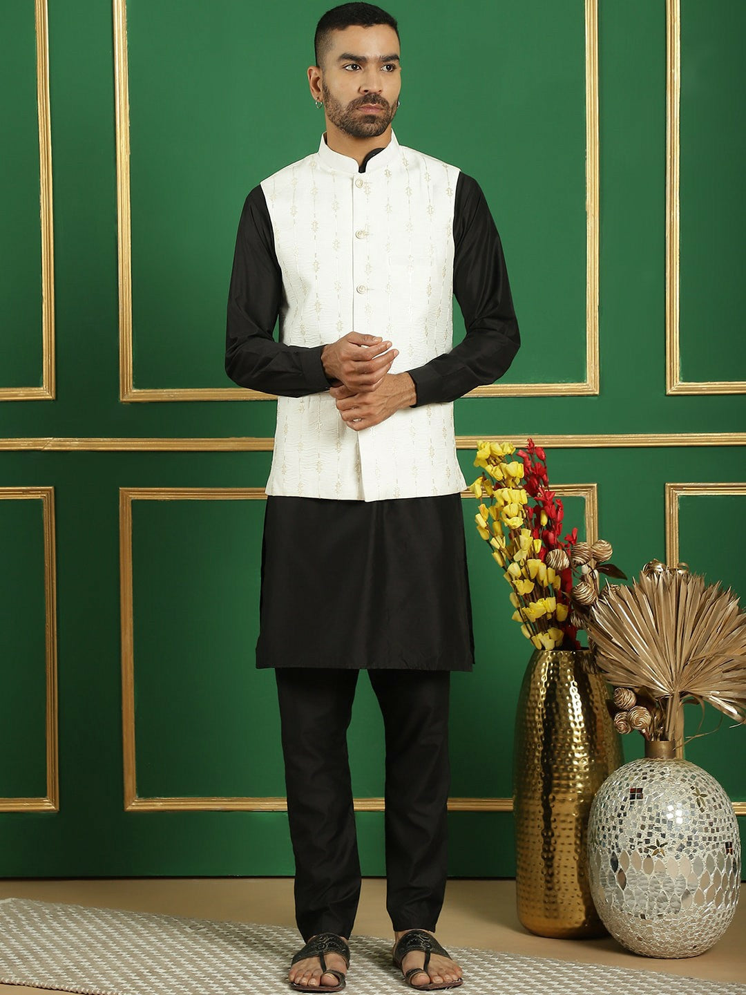 Men's White Embroidered Nehru Jacket