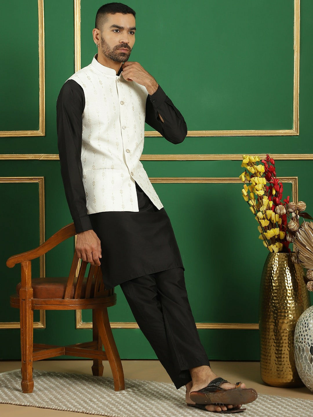 Men's White Embroidered Nehru Jacket