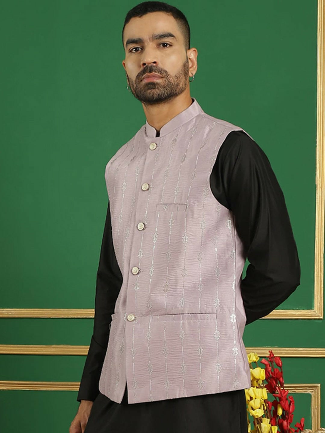 Men's Purple Embroidered Nehru Jacket with Sequins