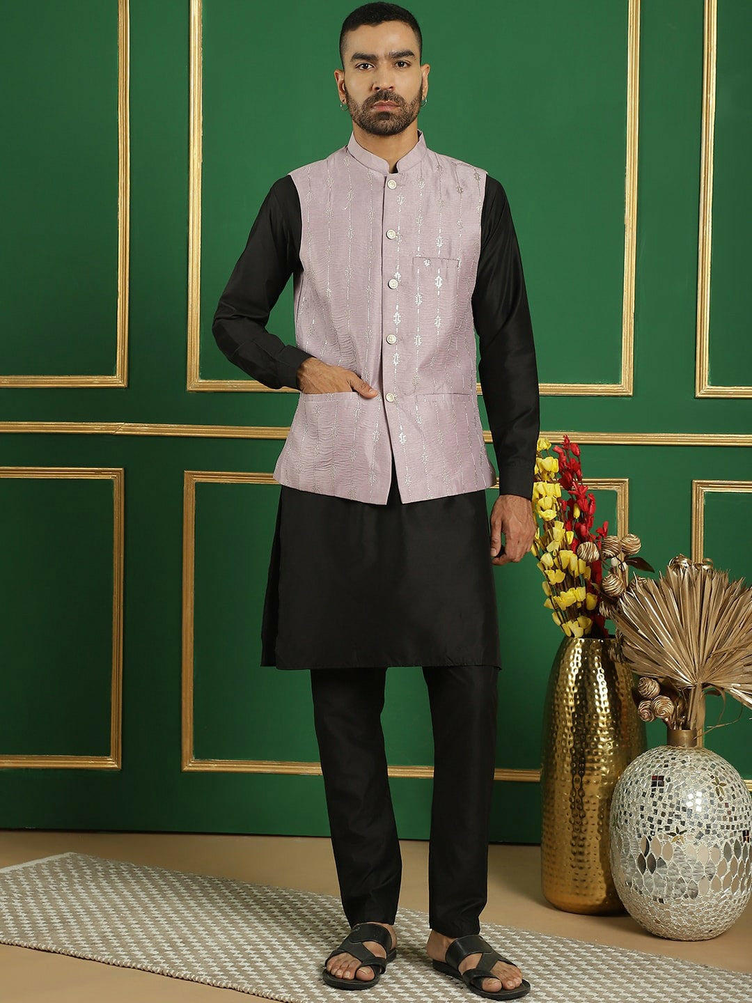 Men's Purple Embroidered Nehru Jacket with Sequins