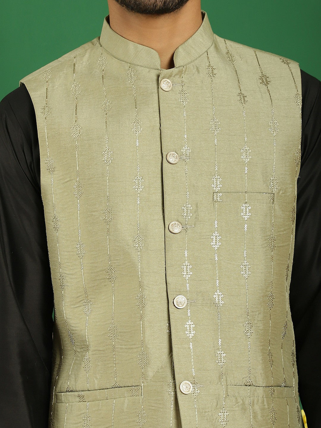 Men's Green Embroidered Nehru Jacket with Sequin Accents
