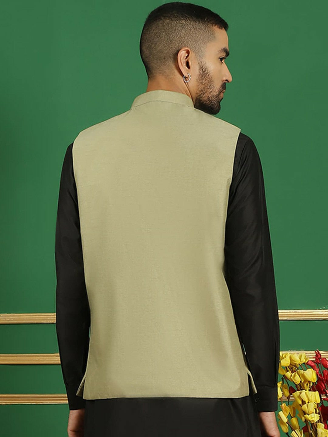 Men's Green Embroidered Nehru Jacket with Sequin Accents