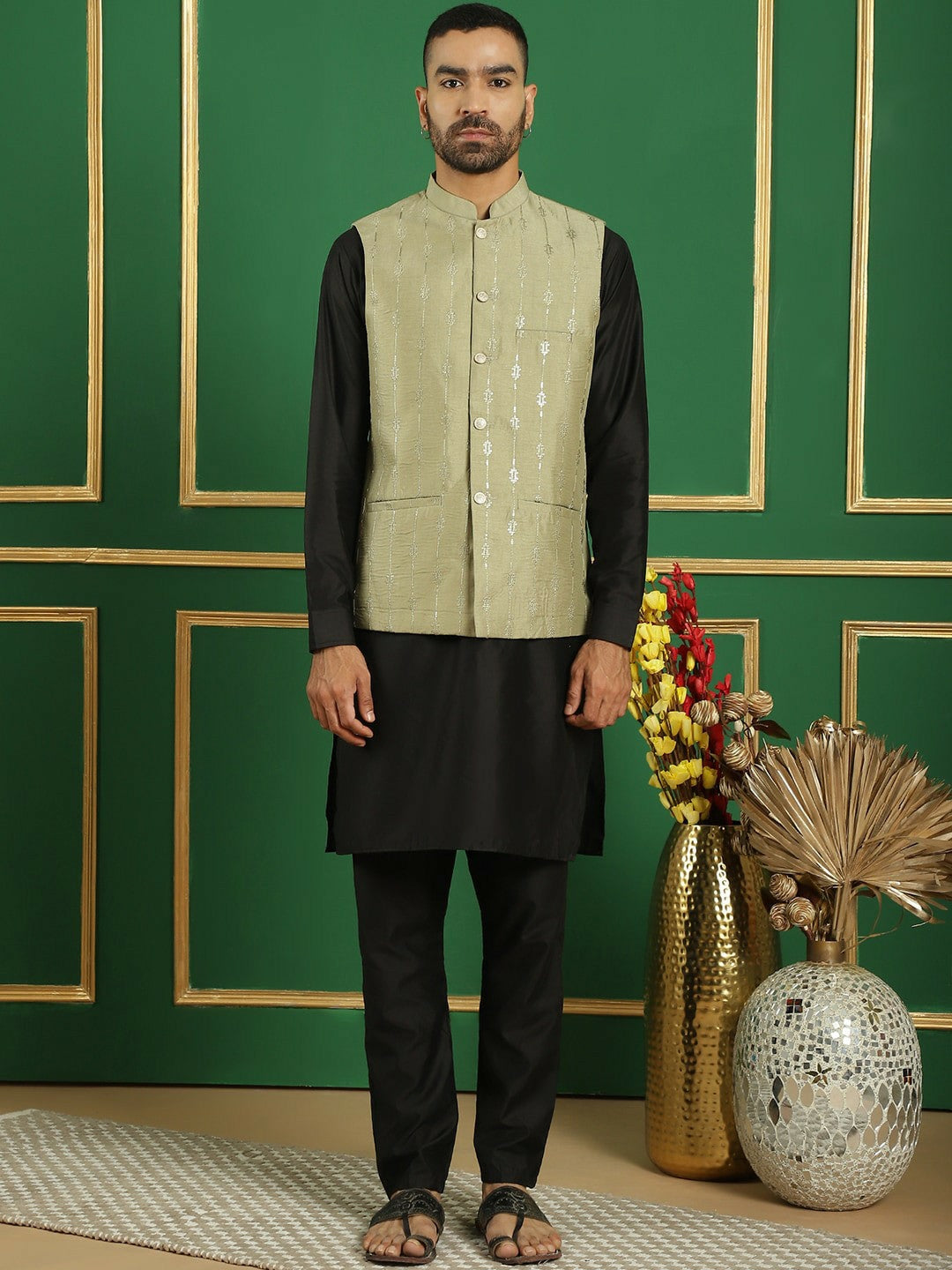 Men's Green Embroidered Nehru Jacket with Sequin Accents