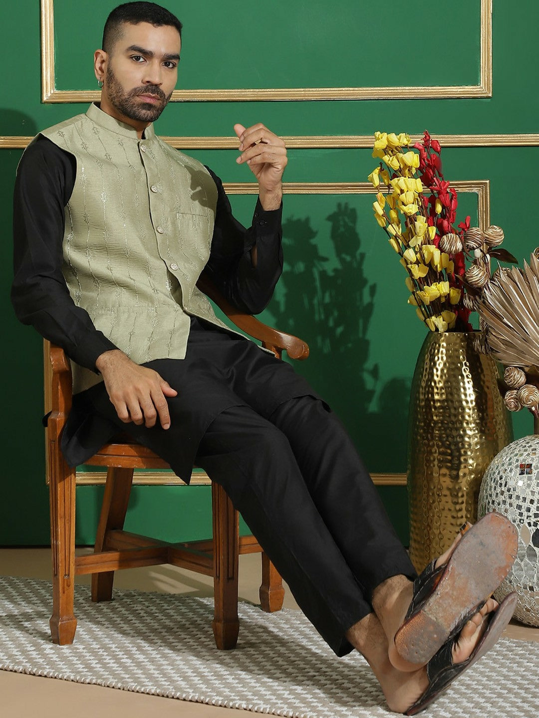 Men's Green Embroidered Nehru Jacket with Sequin Accents