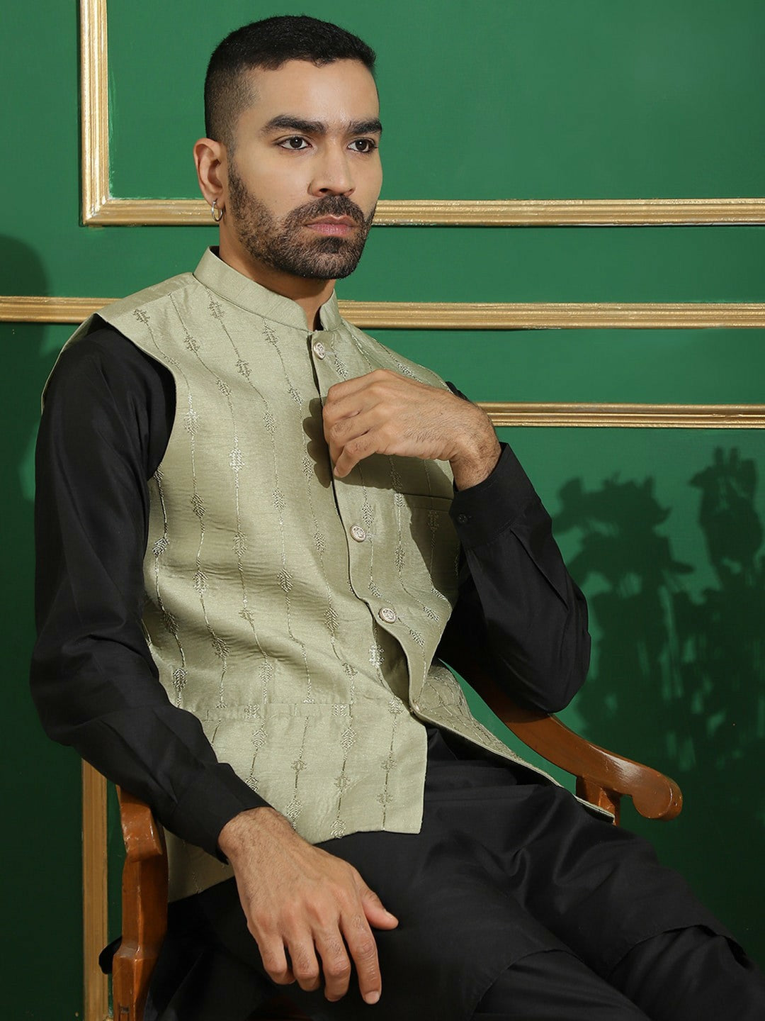 Men's Green Embroidered Nehru Jacket with Sequin Accents
