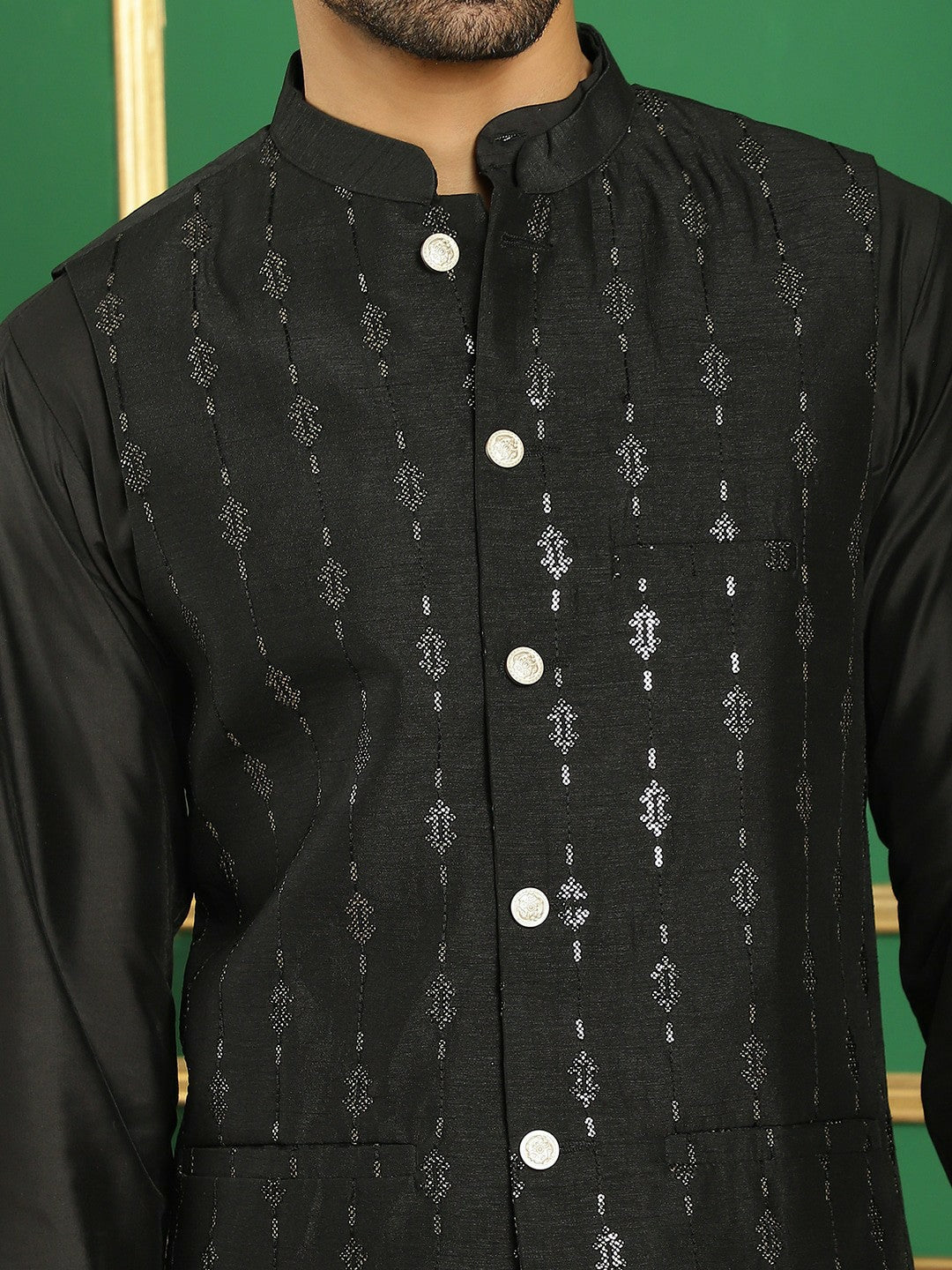 Men's Black Sequin Embroidered Nehru Jacket