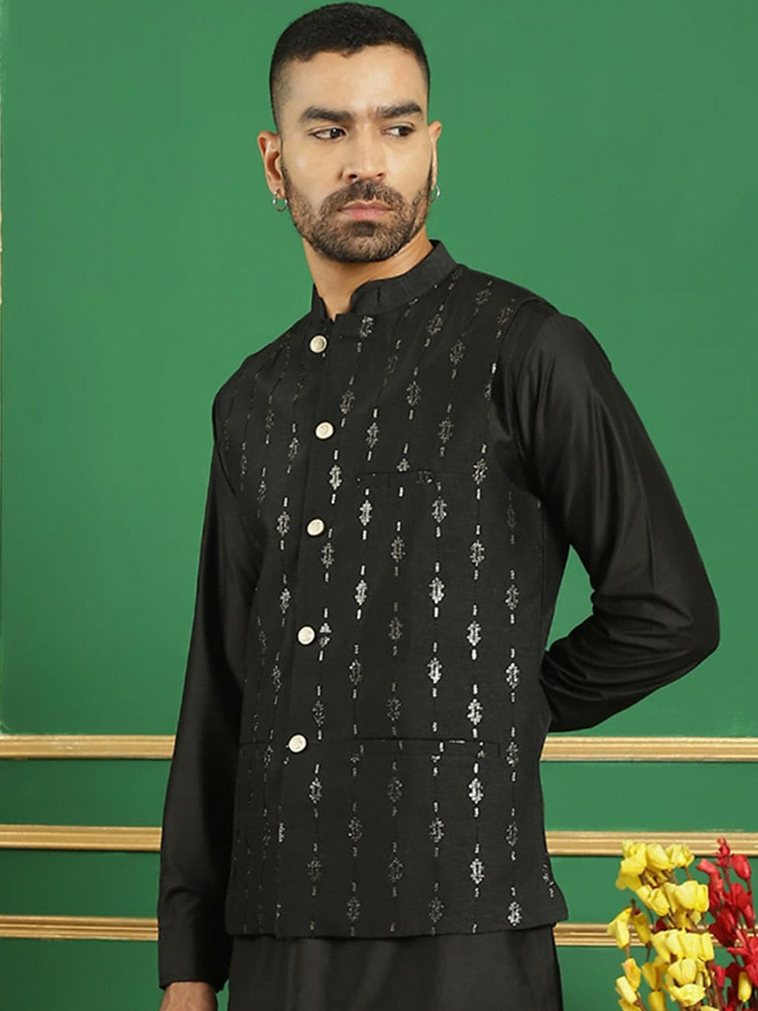 Men's Black Sequin Embroidered Nehru Jacket