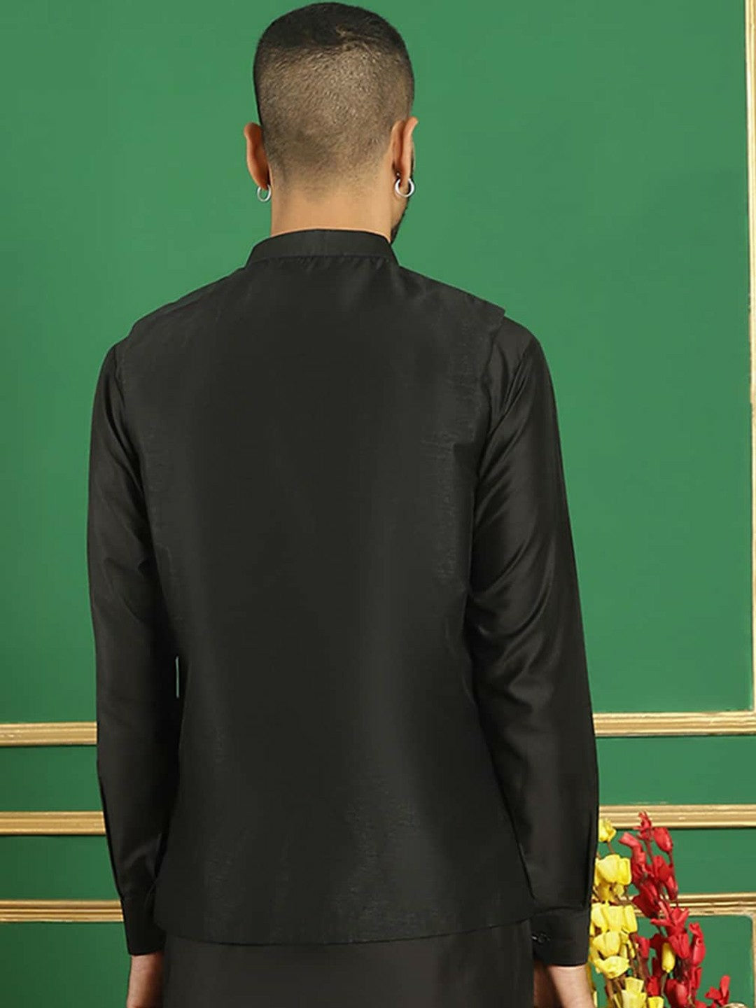 Men's Black Sequin Embroidered Nehru Jacket