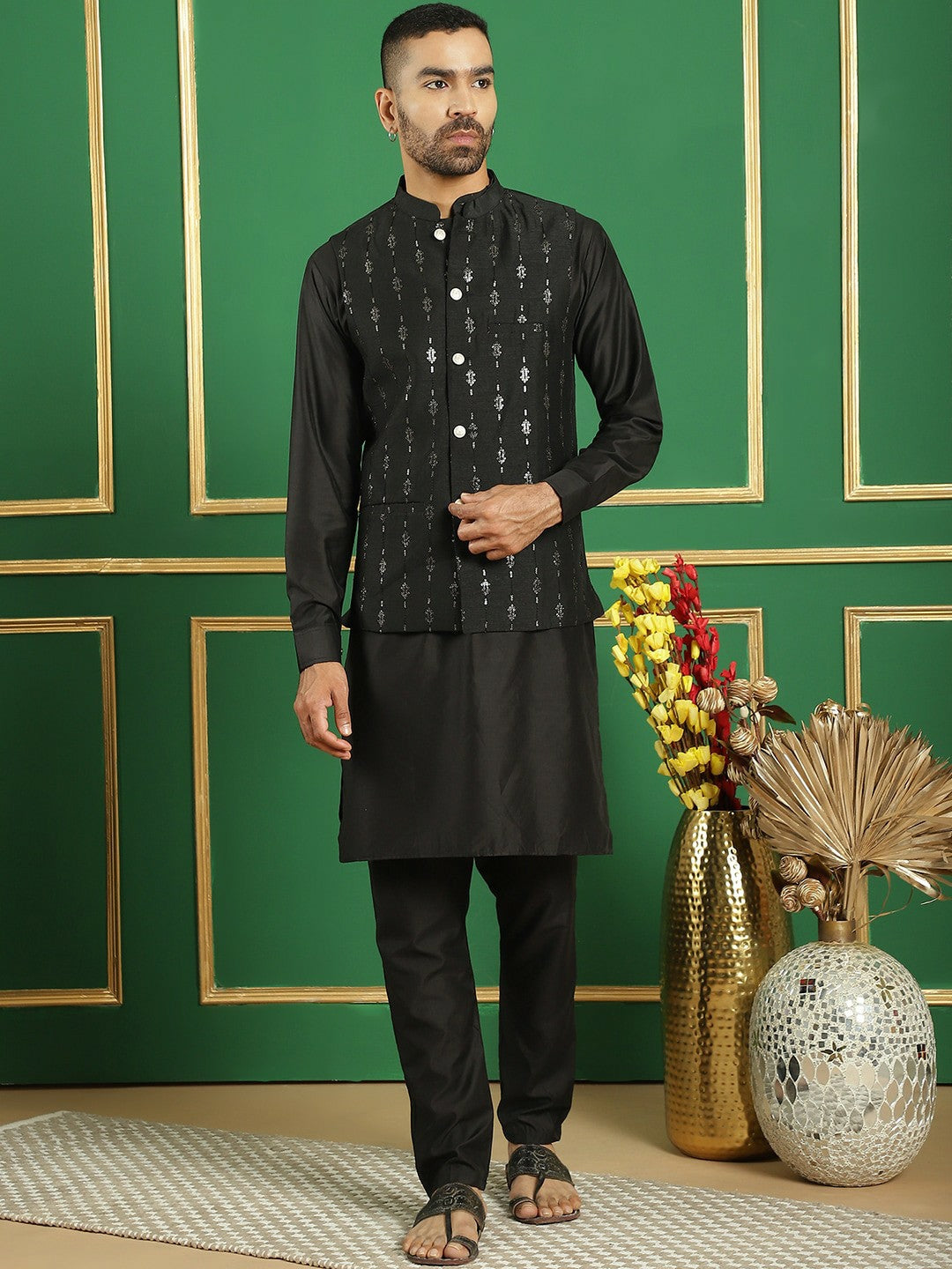 Men's Black Sequin Embroidered Nehru Jacket