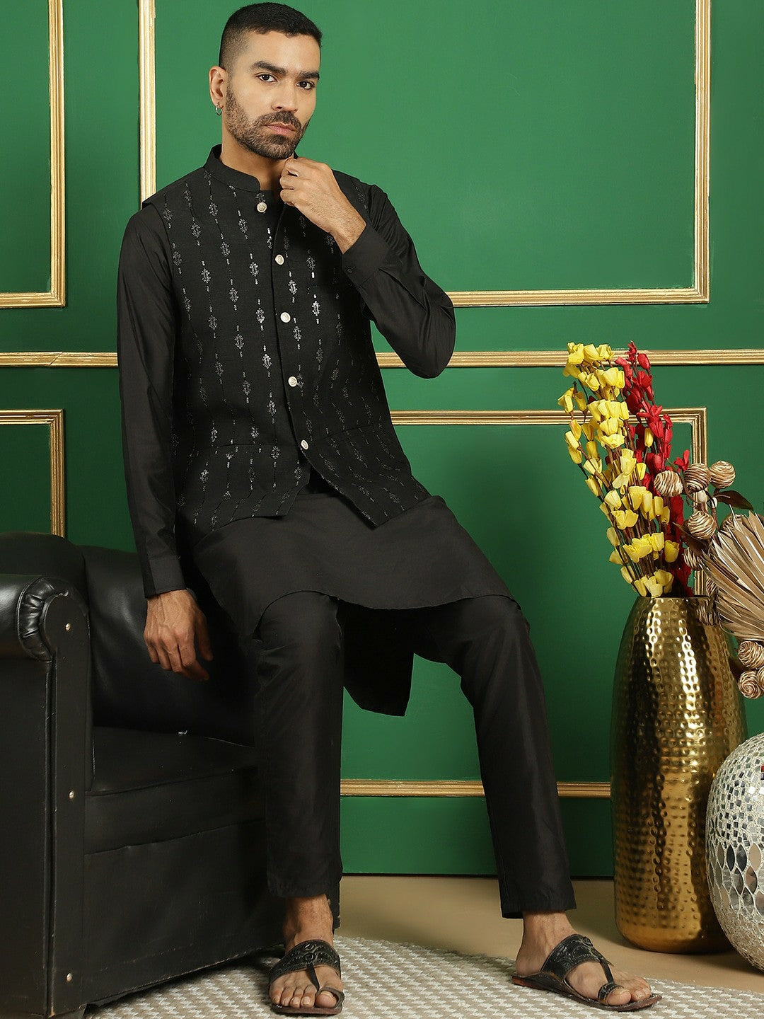 Men's Black Sequin Embroidered Nehru Jacket