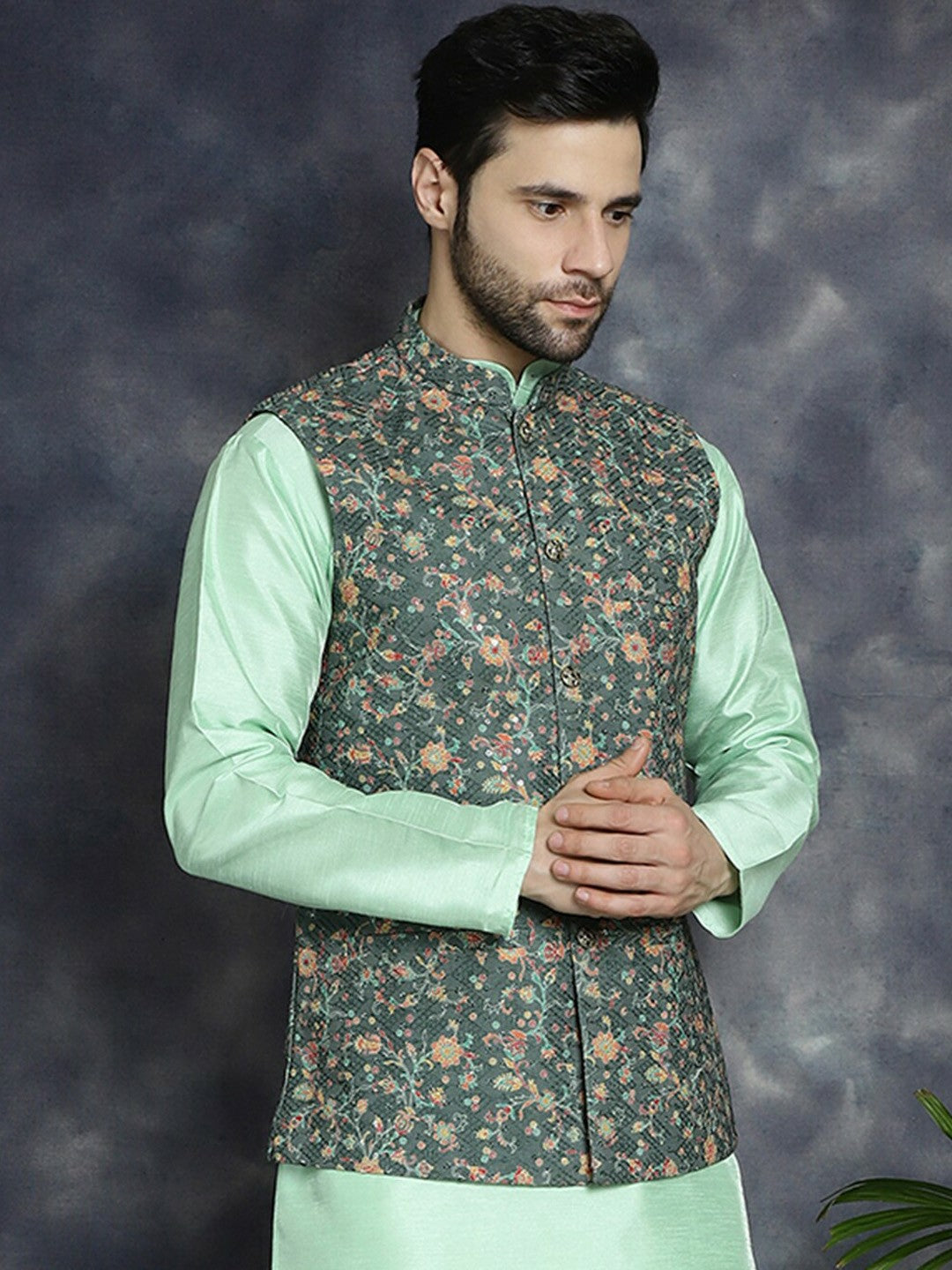 Men's Olive Floral Embellished Nehru Jacket