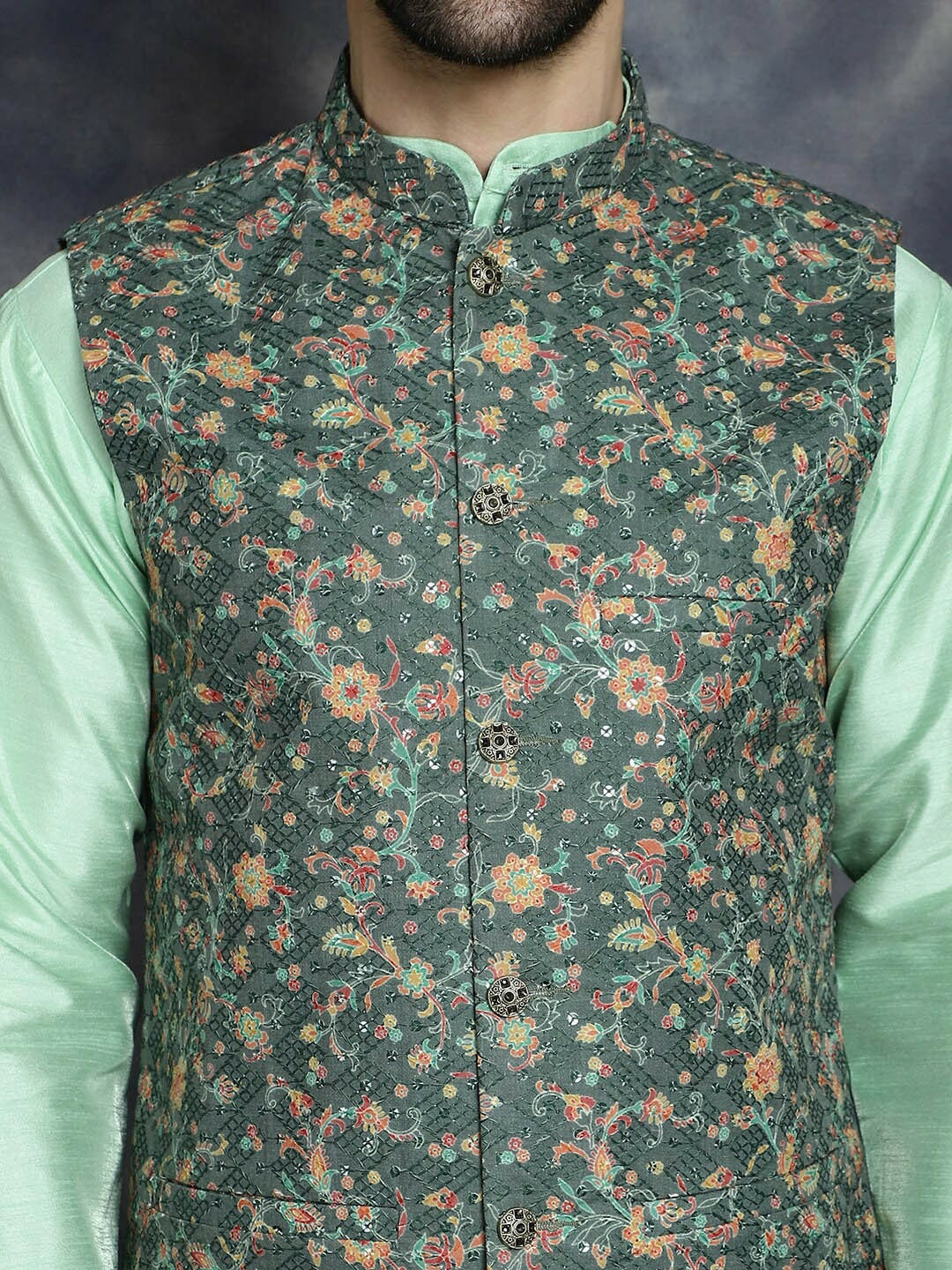 Men's Olive Floral Embellished Nehru Jacket