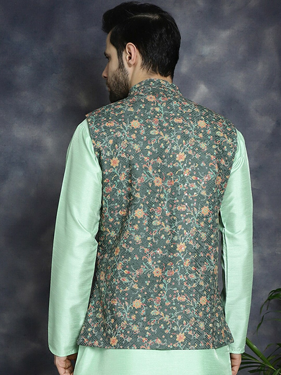Men's Olive Floral Embellished Nehru Jacket