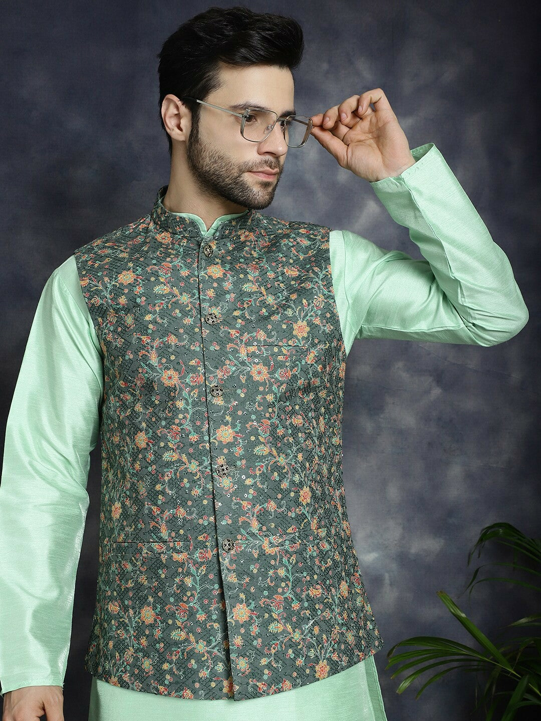 Men's Olive Floral Embellished Nehru Jacket