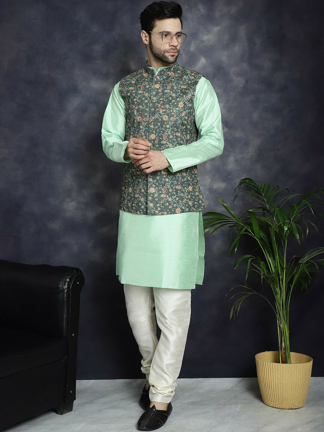 Men's Olive Floral Embellished Nehru Jacket