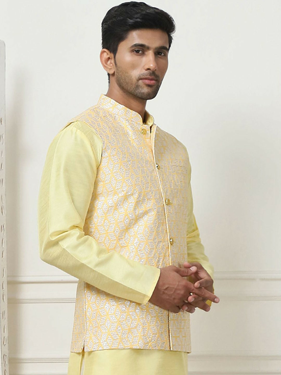 Men's Yellow Woven Nehru Jacket with Mandarin Collar & 3 Pockets