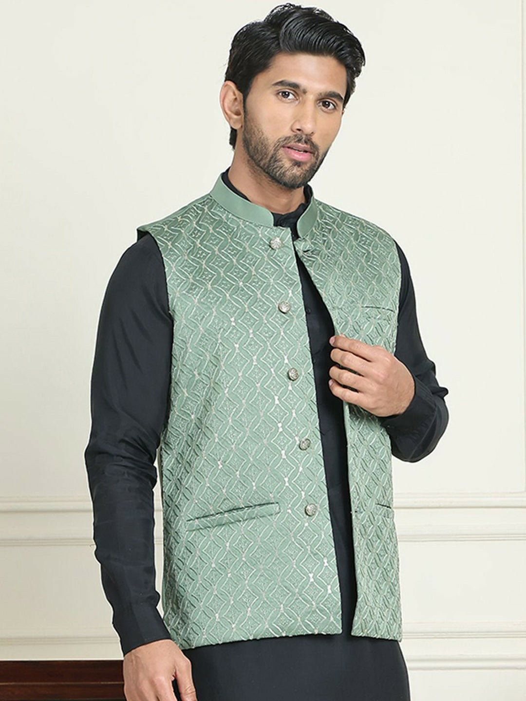 Men's Green Embroidered Silk Blend Nehru Jacket with Mandarin Collar