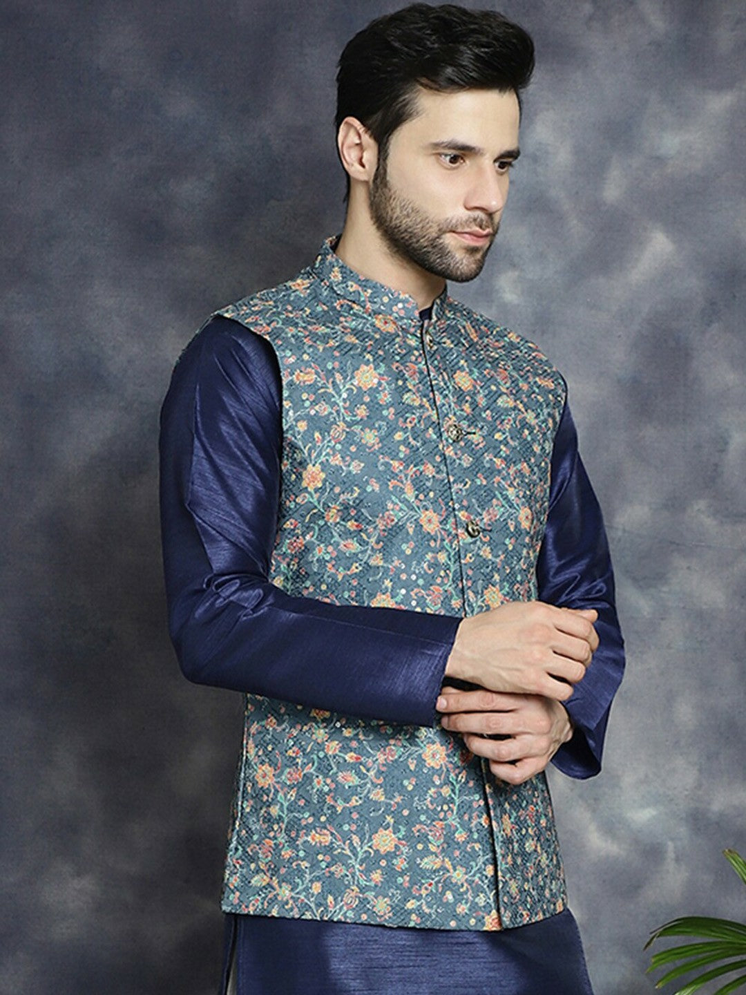 Men's Blue Floral Printed Nehru Jacket