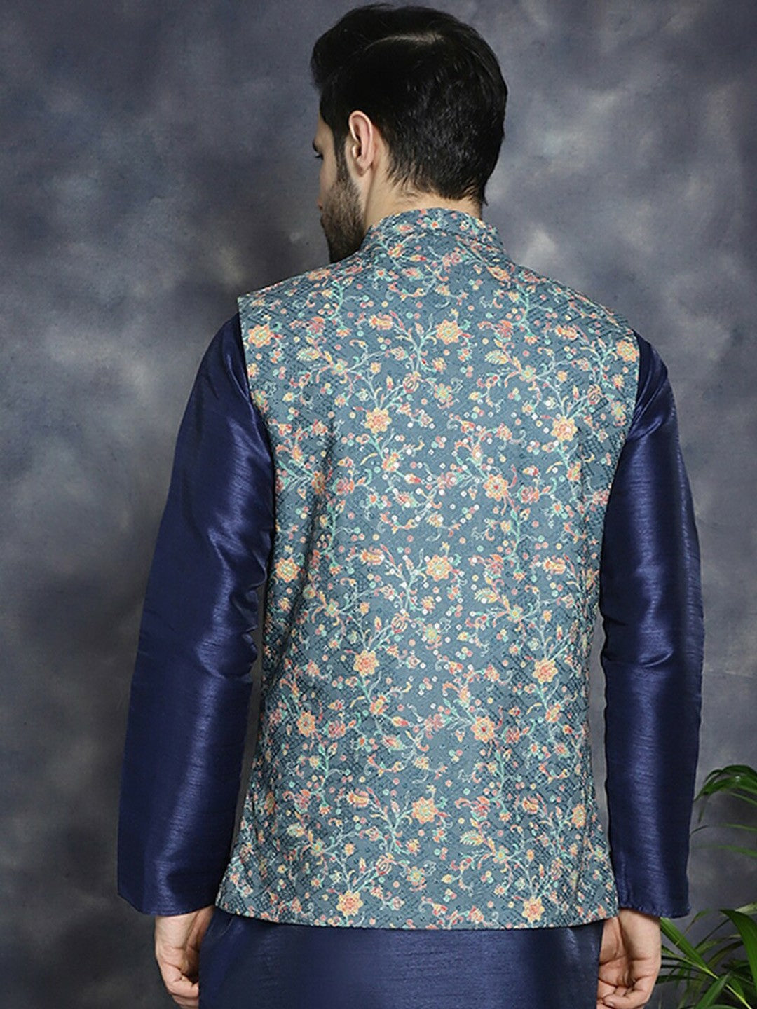 Men's Blue Floral Printed Nehru Jacket