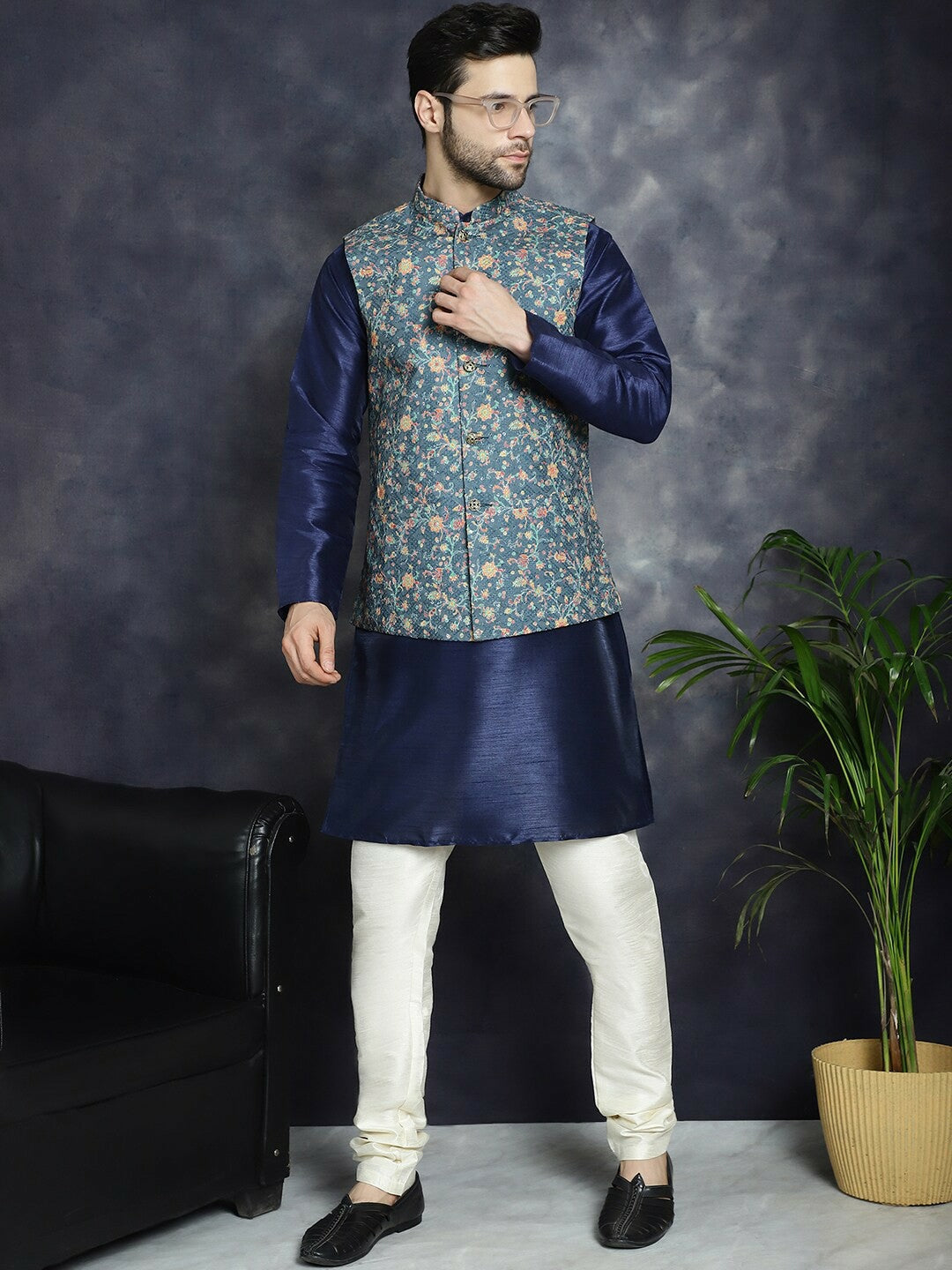 Men's Blue Floral Printed Nehru Jacket